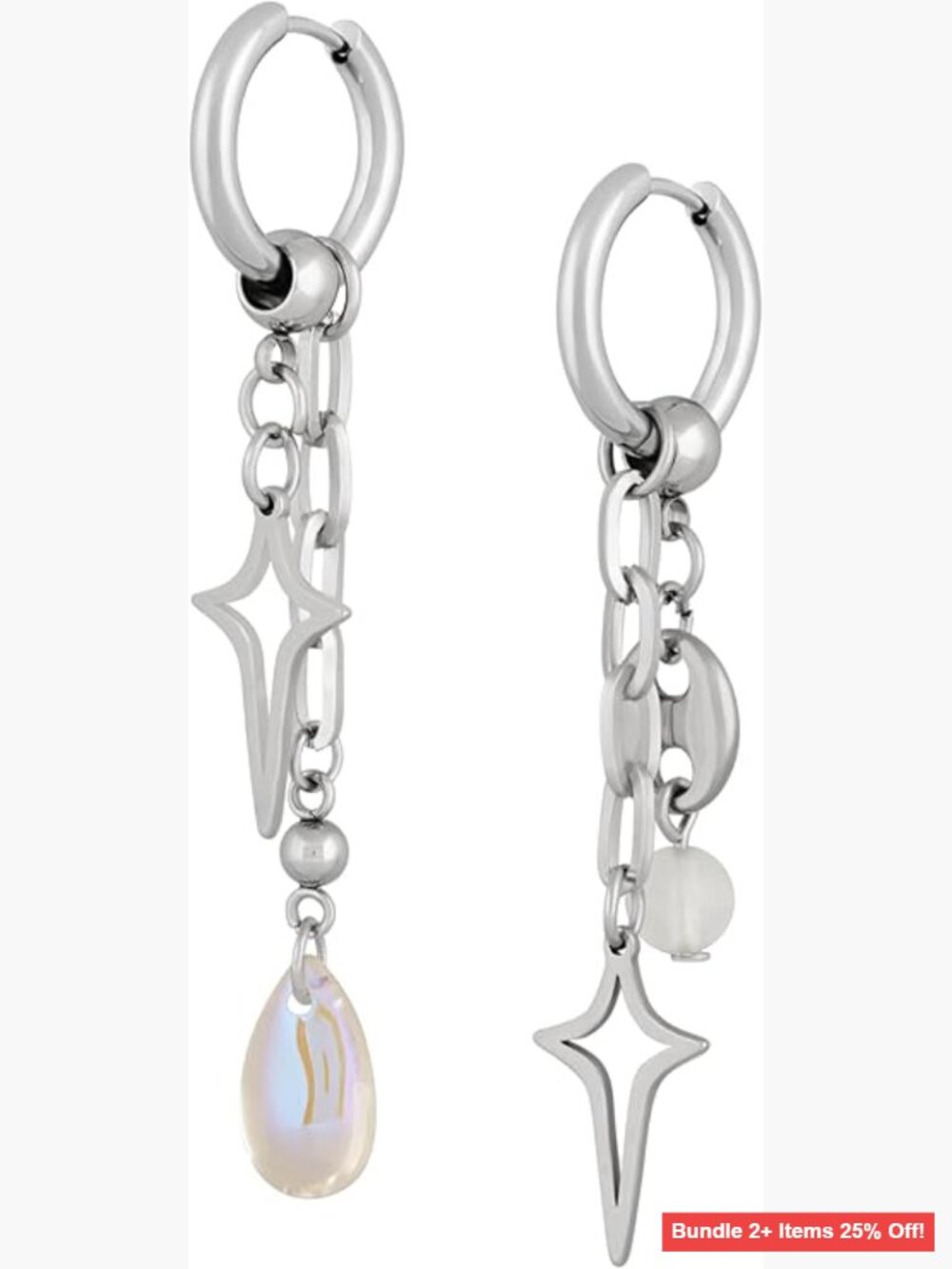 Silver-Tone Teardrop Spike Star Hoop Earrings, Gothic Punk Grunge Style